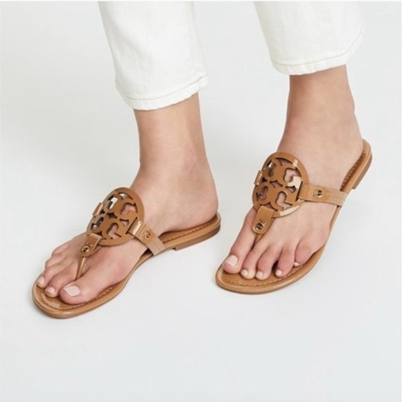 Tory Burch Miller Sandal Thong Patent Calf Leather Sandals Tan - Picture 10 of 11